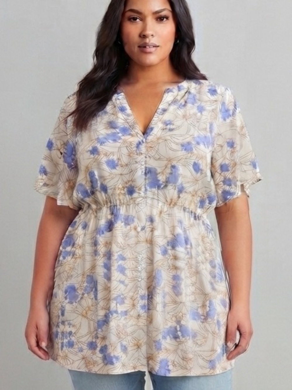 PENNINGTONS Floral Short Sleeve Button Front High Low Top 1X